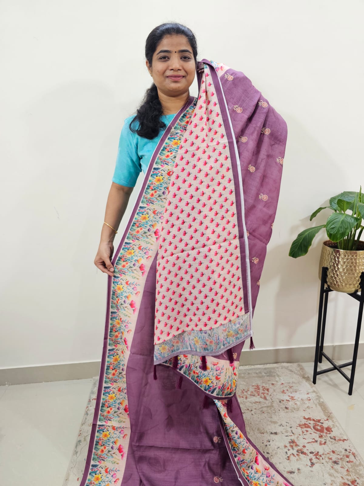 Linen Cotton with Emboridery Digital Printed Sarees - Dark Purple