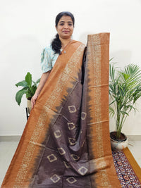 Bhagalpuri Zari Weaving with Batik Print - Brown with Honey Brown