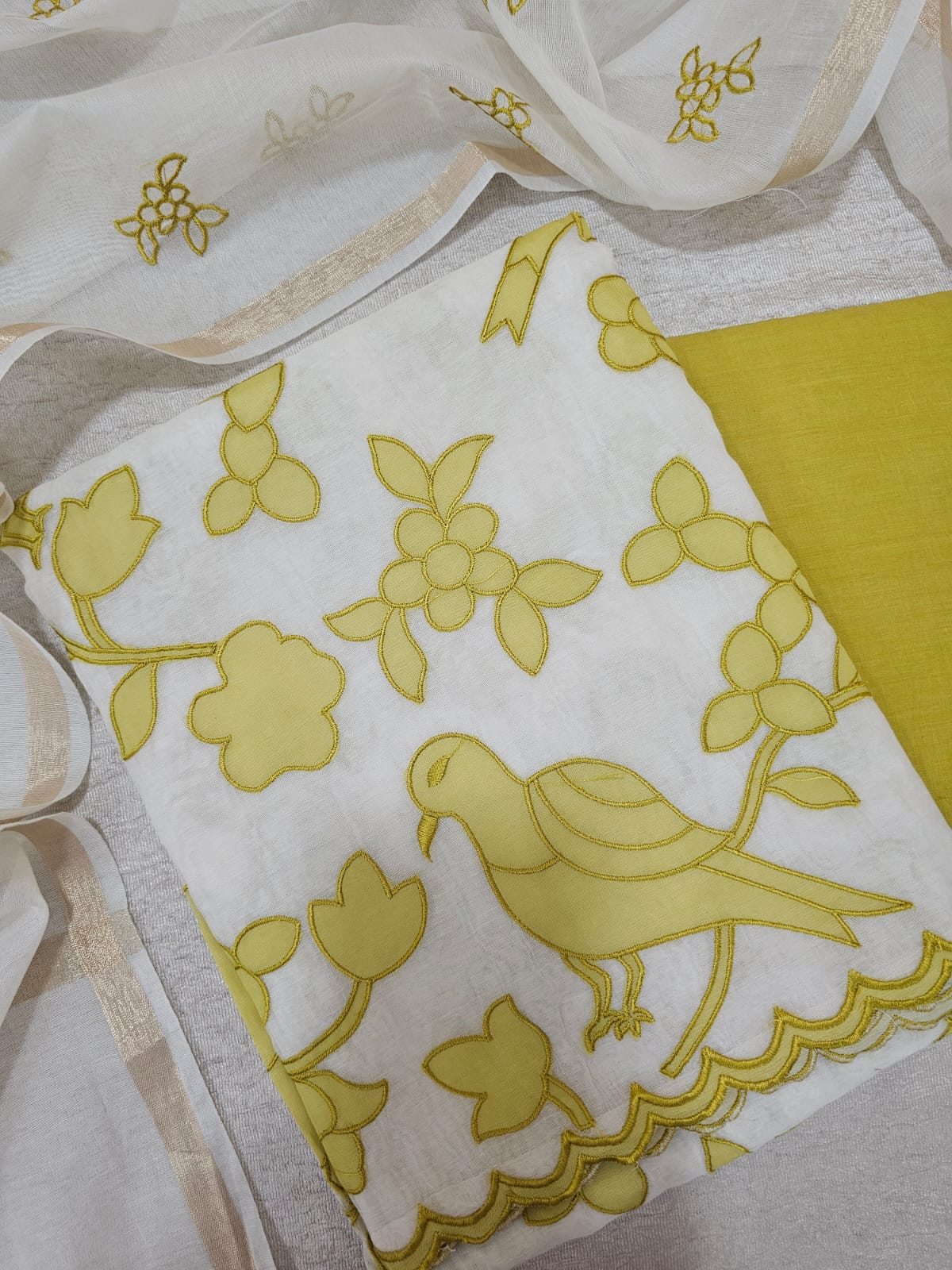 Chanderi with Patch Work Unstitched Salwar Suit  - Cream with Lime Green