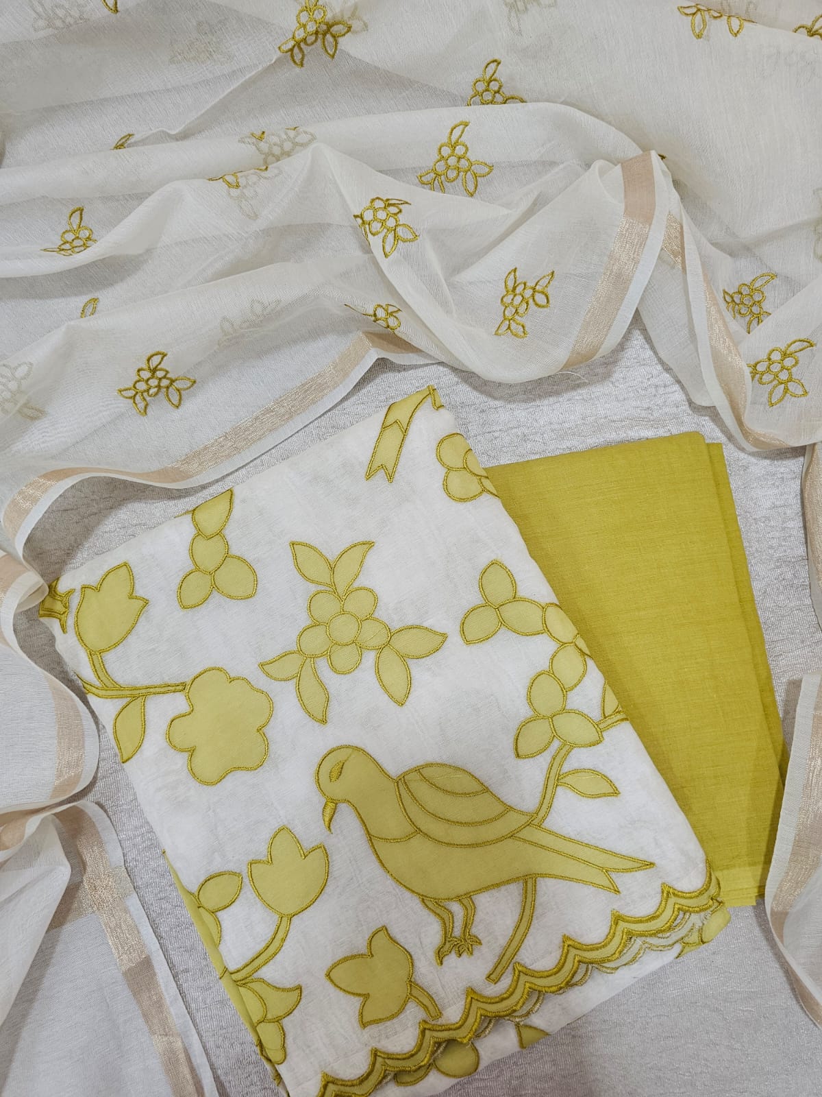 Chanderi with Patch Work Unstitched Salwar Suit  - Cream with Lime Green