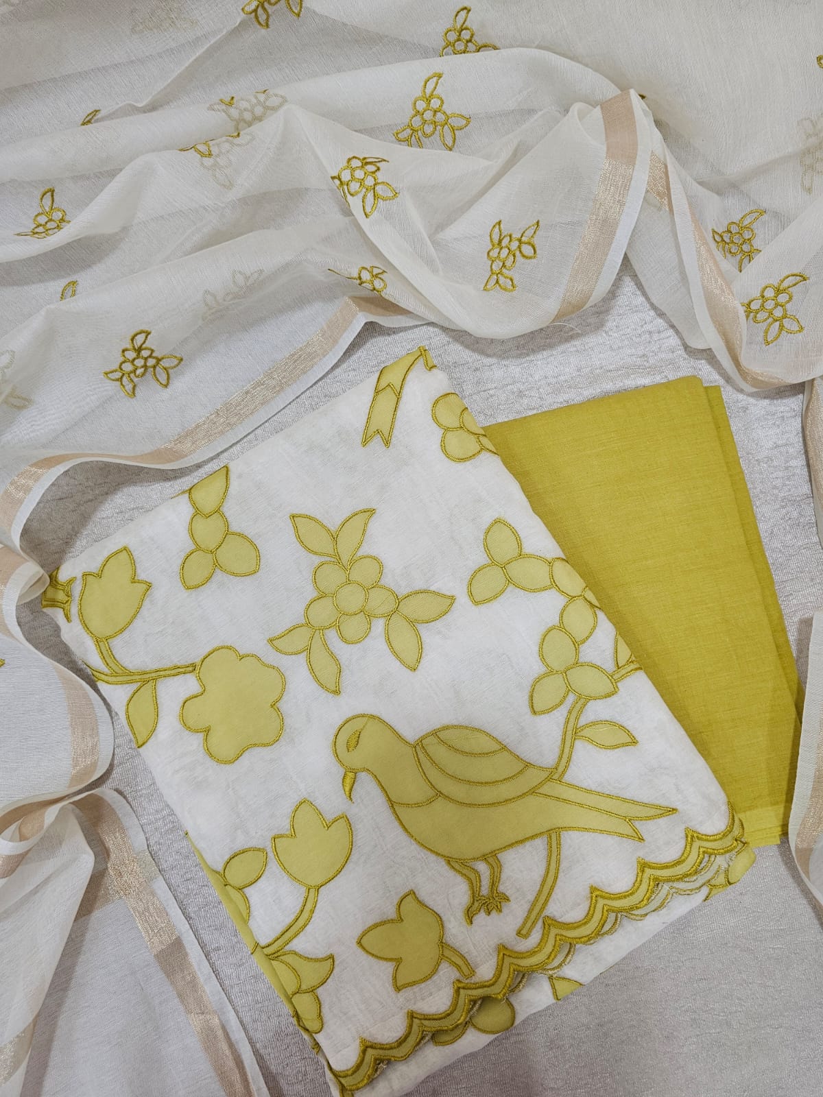 Chanderi with Patch Work Unstitched Salwar Suit  - Cream with Lime Green