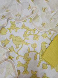 Chanderi with Patch Work Unstitched Salwar Suit  - Cream with Lime Green