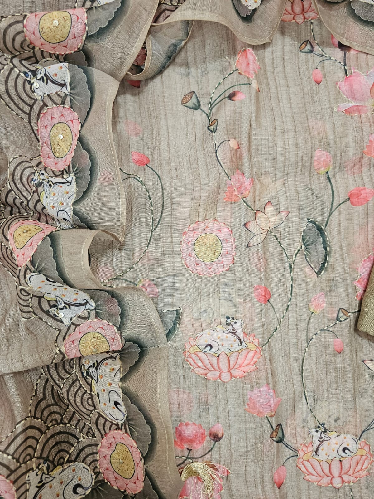 Chanderi with Katha Unstitched Salwar Suit  - Green