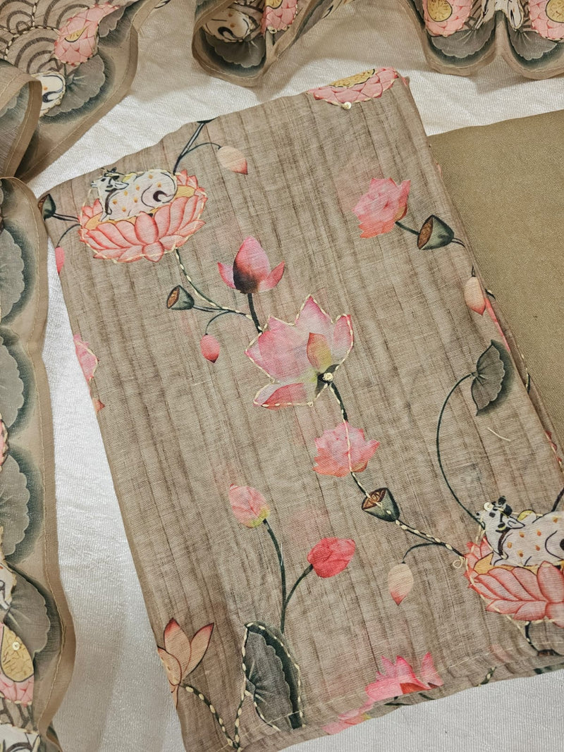 Chanderi with Katha Unstitched Salwar Suit  - Green