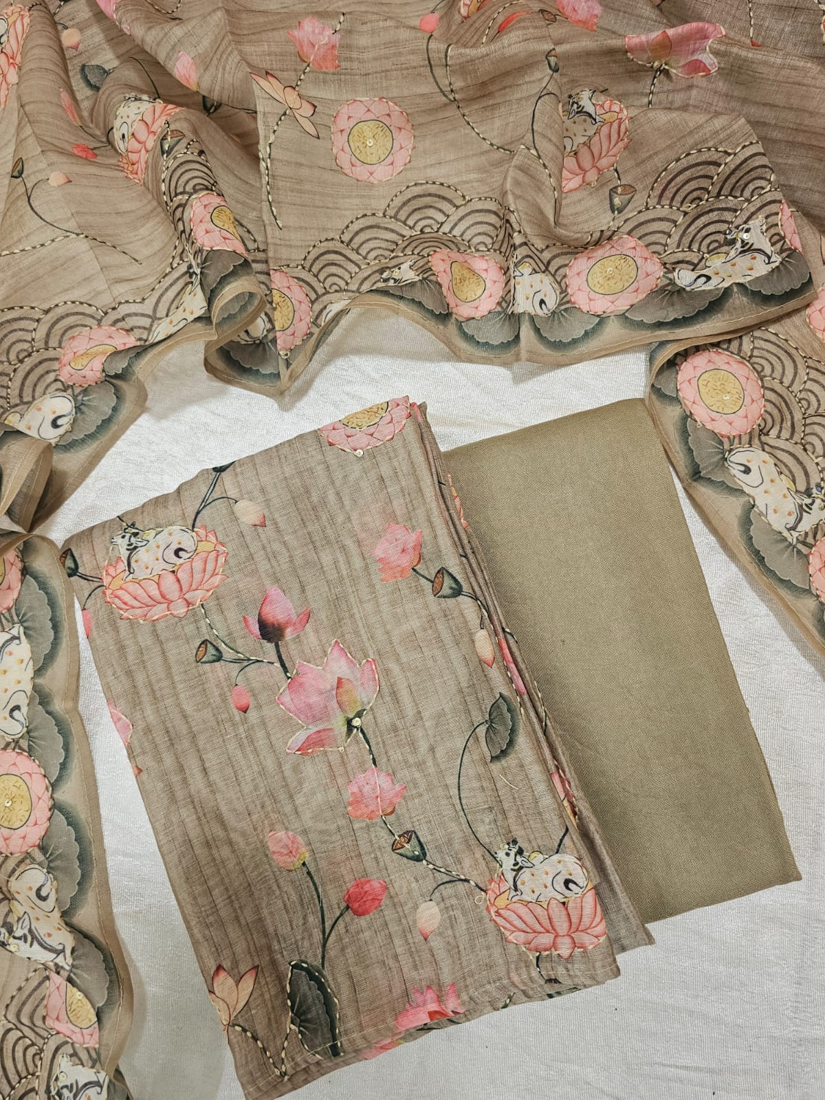 Chanderi with Katha Unstitched Salwar Suit  - Green