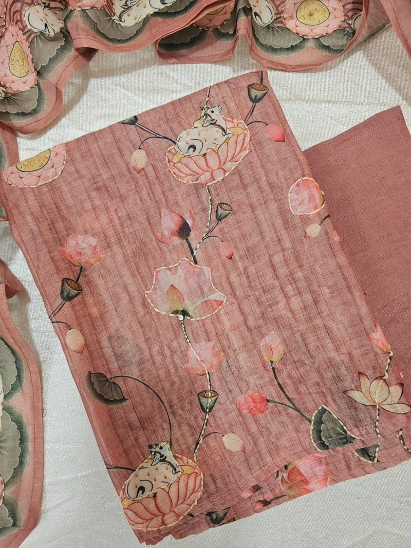 Chanderi with Katha Unstitched Salwar Suit  - Peach