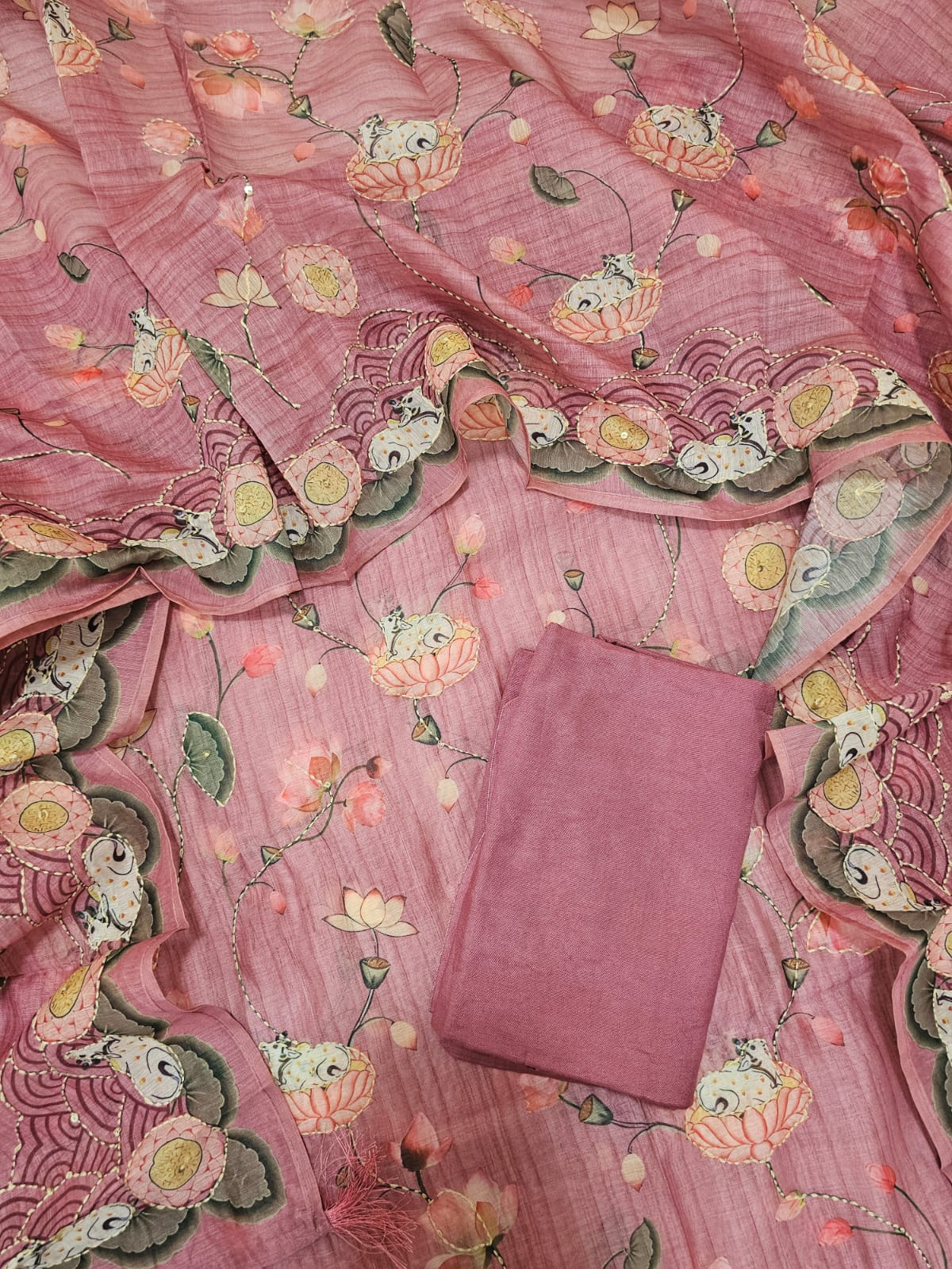 Chanderi with Katha Unstitched Salwar Suit  - Pink