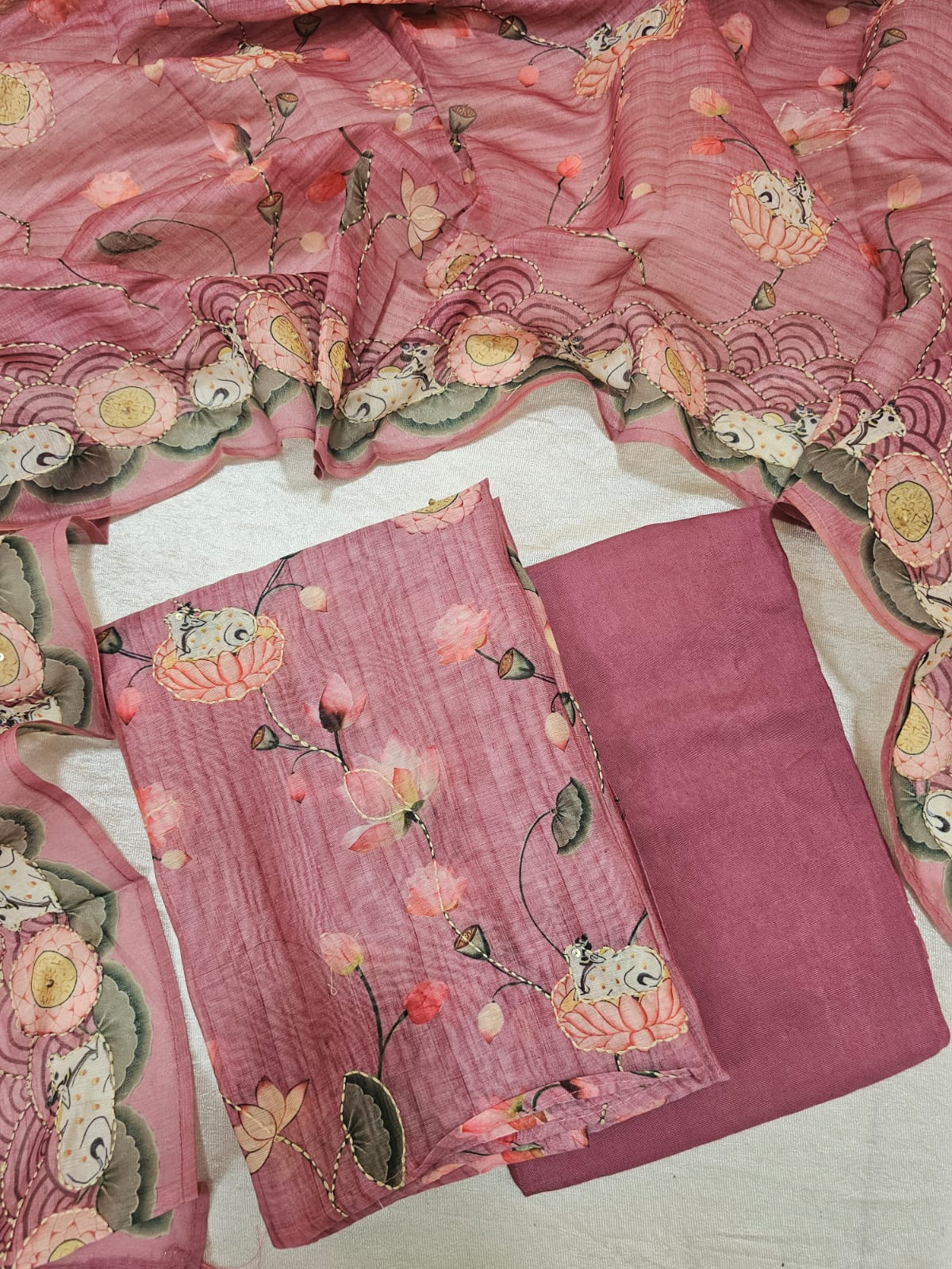 Chanderi with Katha Unstitched Salwar Suit  - Pink