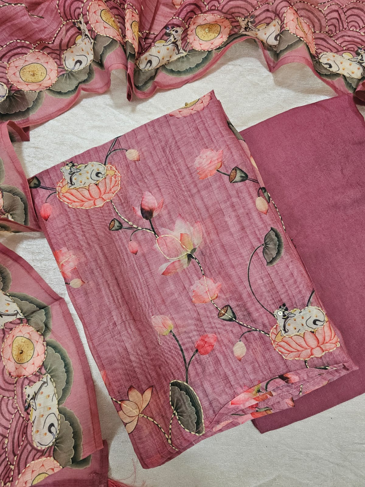 Chanderi with Katha Unstitched Salwar Suit  - Pink