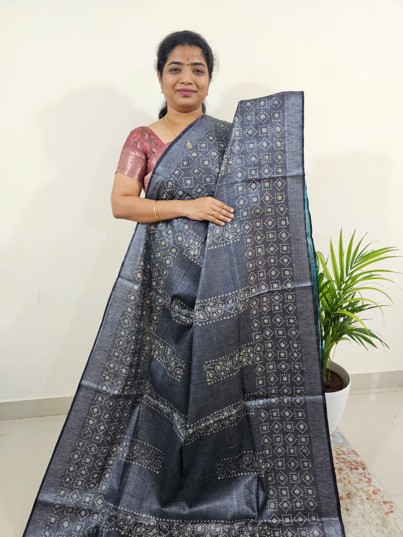 Bhagalpuri with Silver Zari Weaving Batik Print - Grey with Sea Green