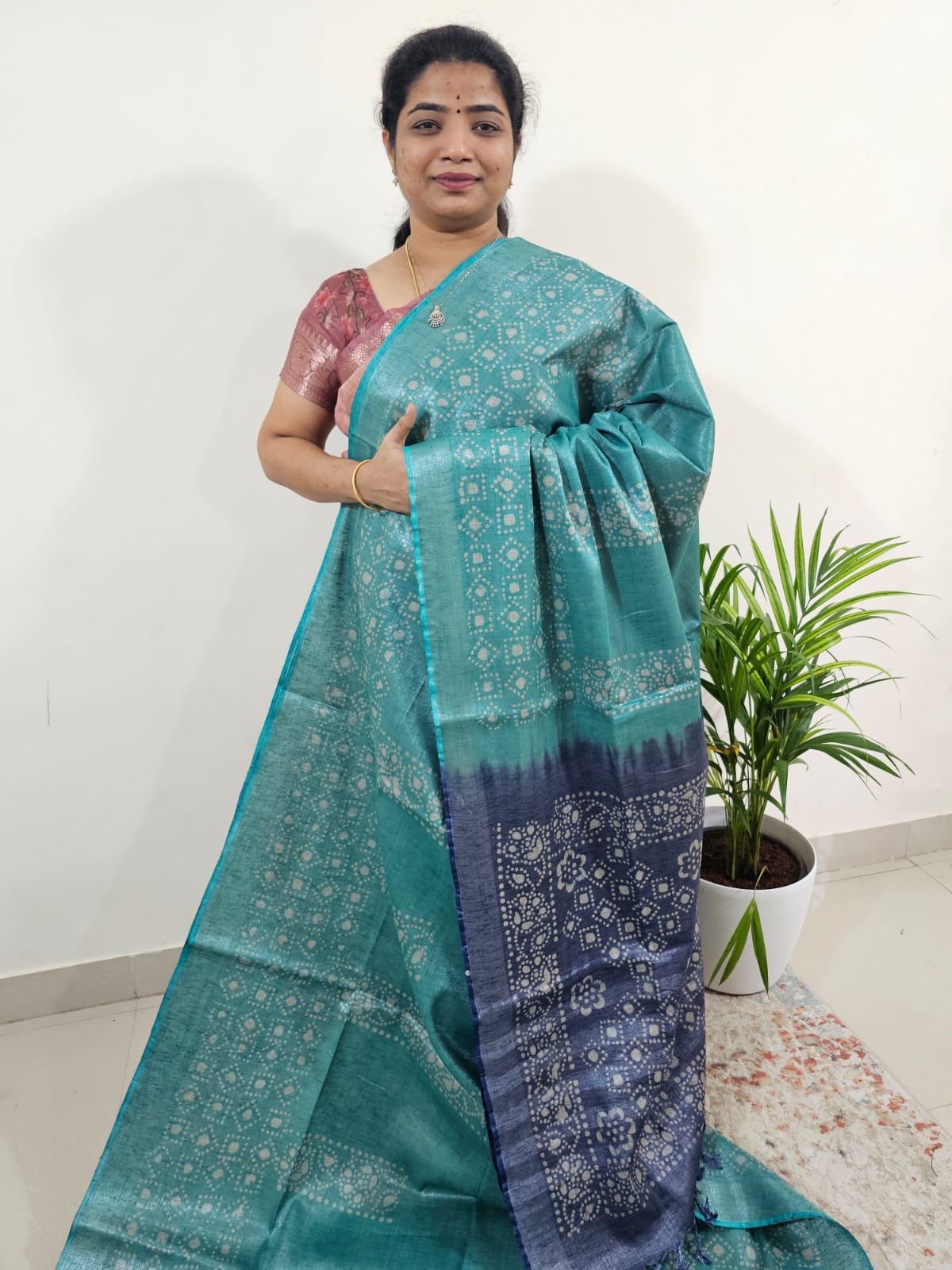 Bhagalpuri with Silver Zari Weaving Batik Print - Sea Green with Blue