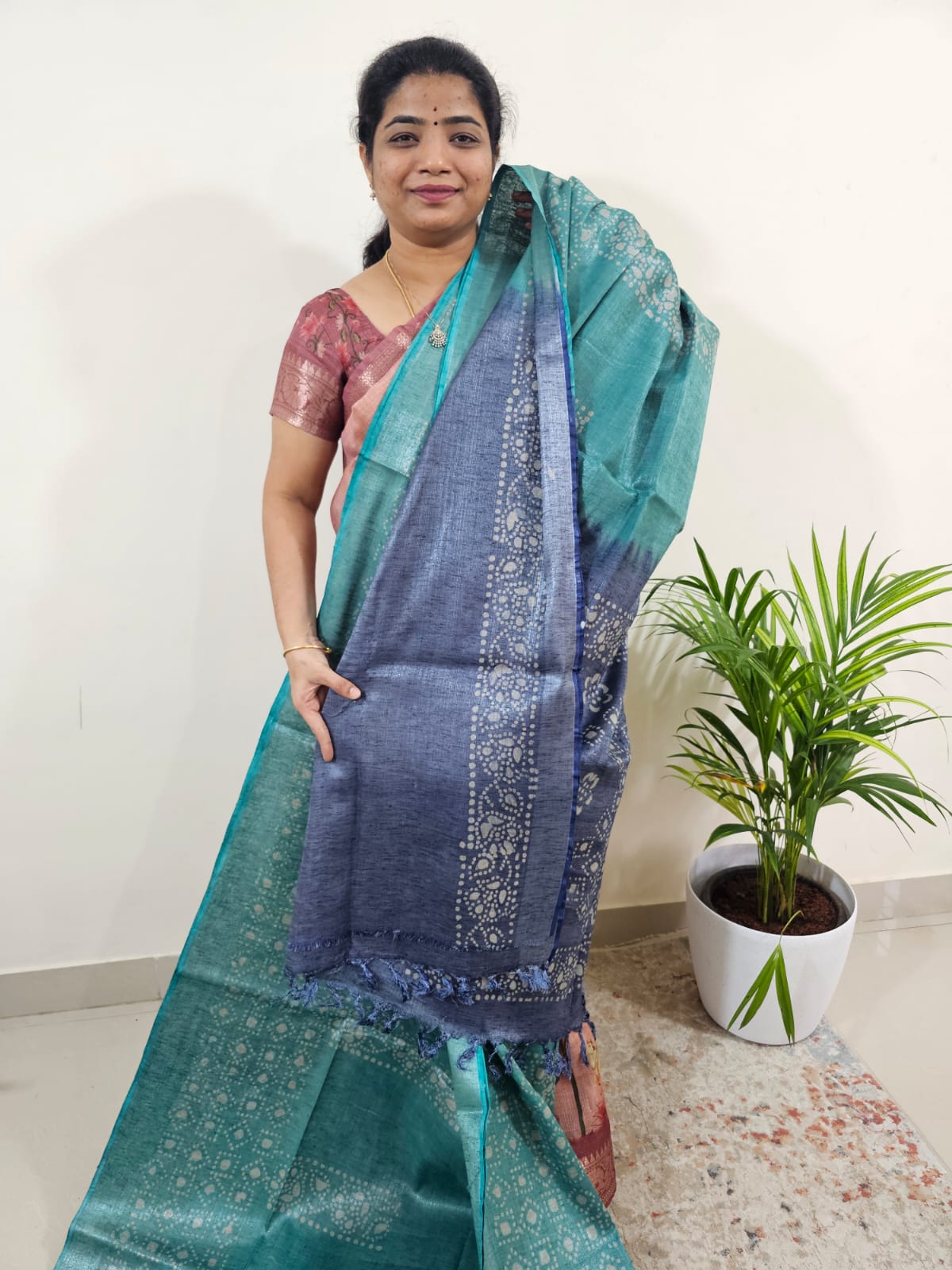 Bhagalpuri with Silver Zari Weaving Batik Print - Sea Green with Blue
