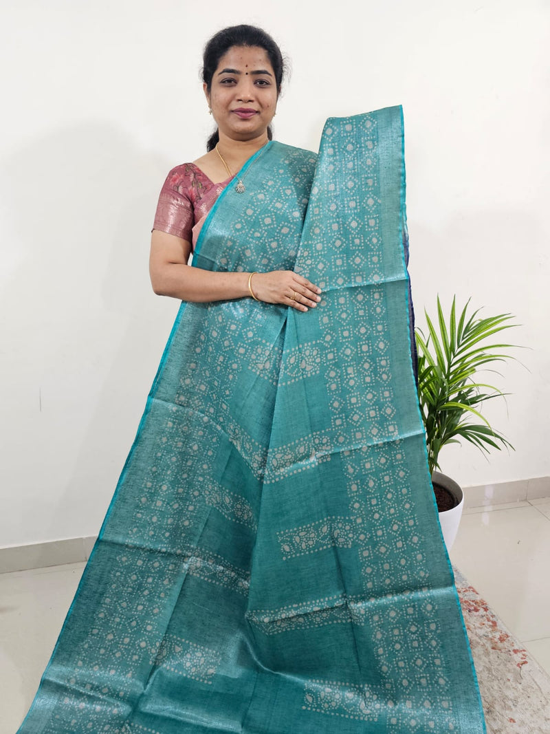 Bhagalpuri with Silver Zari Weaving Batik Print - Sea Green with Blue