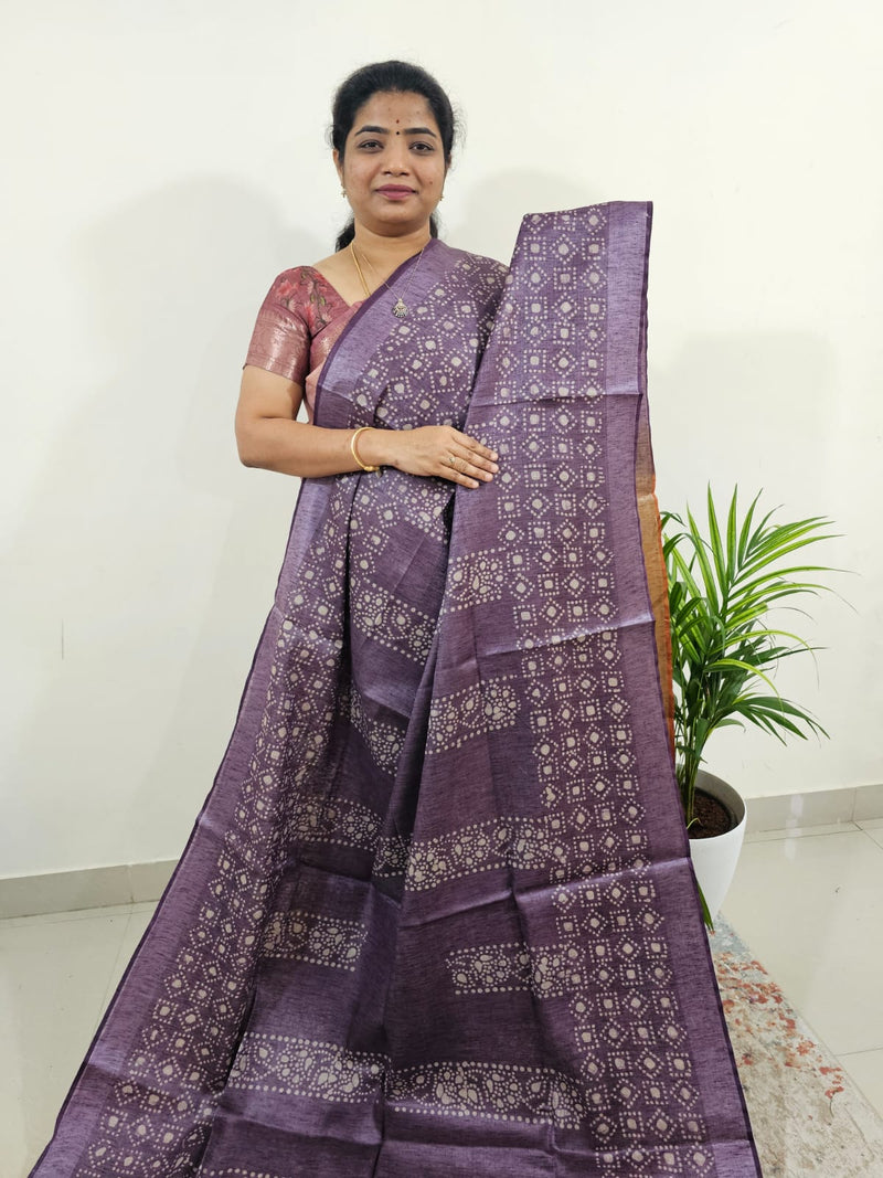 Bhagalpuri with Silver Zari Weaving Batik Print - Dark Purple with Brown