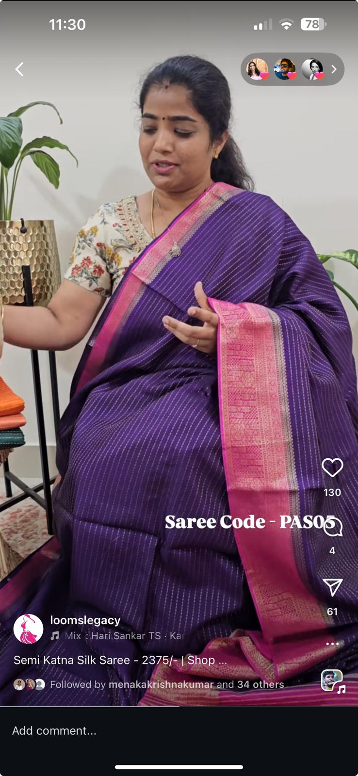 Semi Katna Silk Saree - Purple with Pink