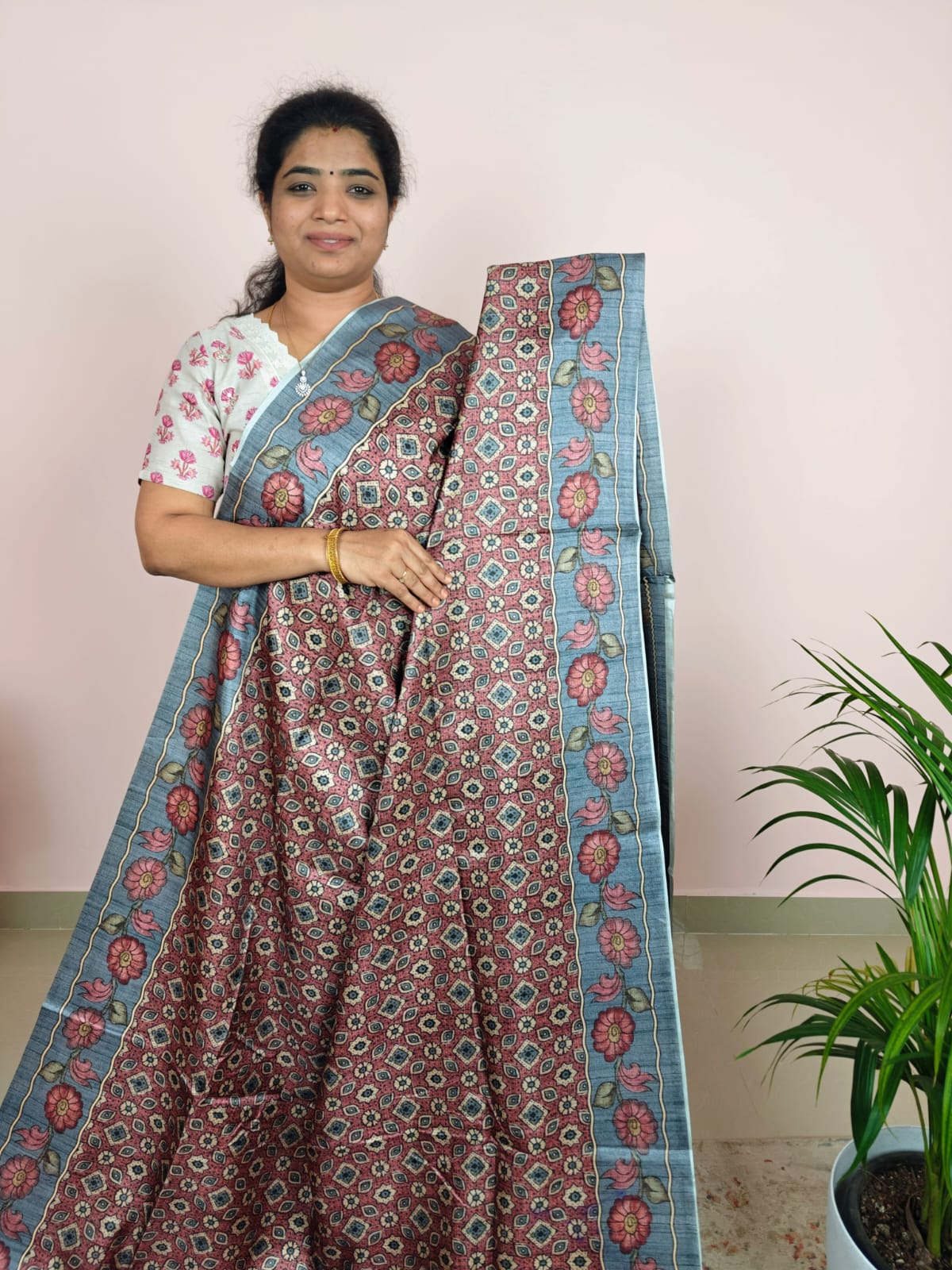 Soft Semi Tussar with Kalamkari - Brown with Blue