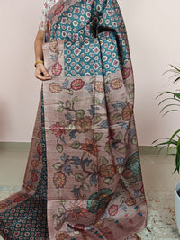 Soft Semi Tussar with Kalamkari - Peacock Blue with Onion Pink