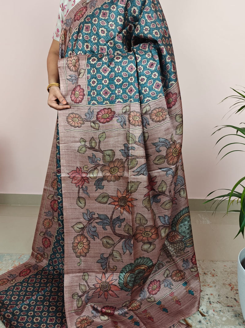 Soft Semi Tussar with Kalamkari - Peacock Blue with Onion Pink