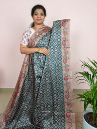 Soft Semi Tussar with Kalamkari - Peacock Blue with Onion Pink
