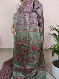 Soft Semi Tussar with Kalamkari - Purple with Green