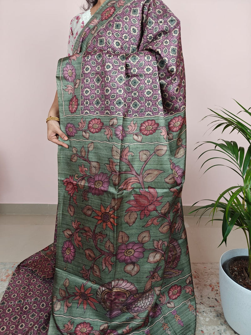 Soft Semi Tussar with Kalamkari - Purple with Green
