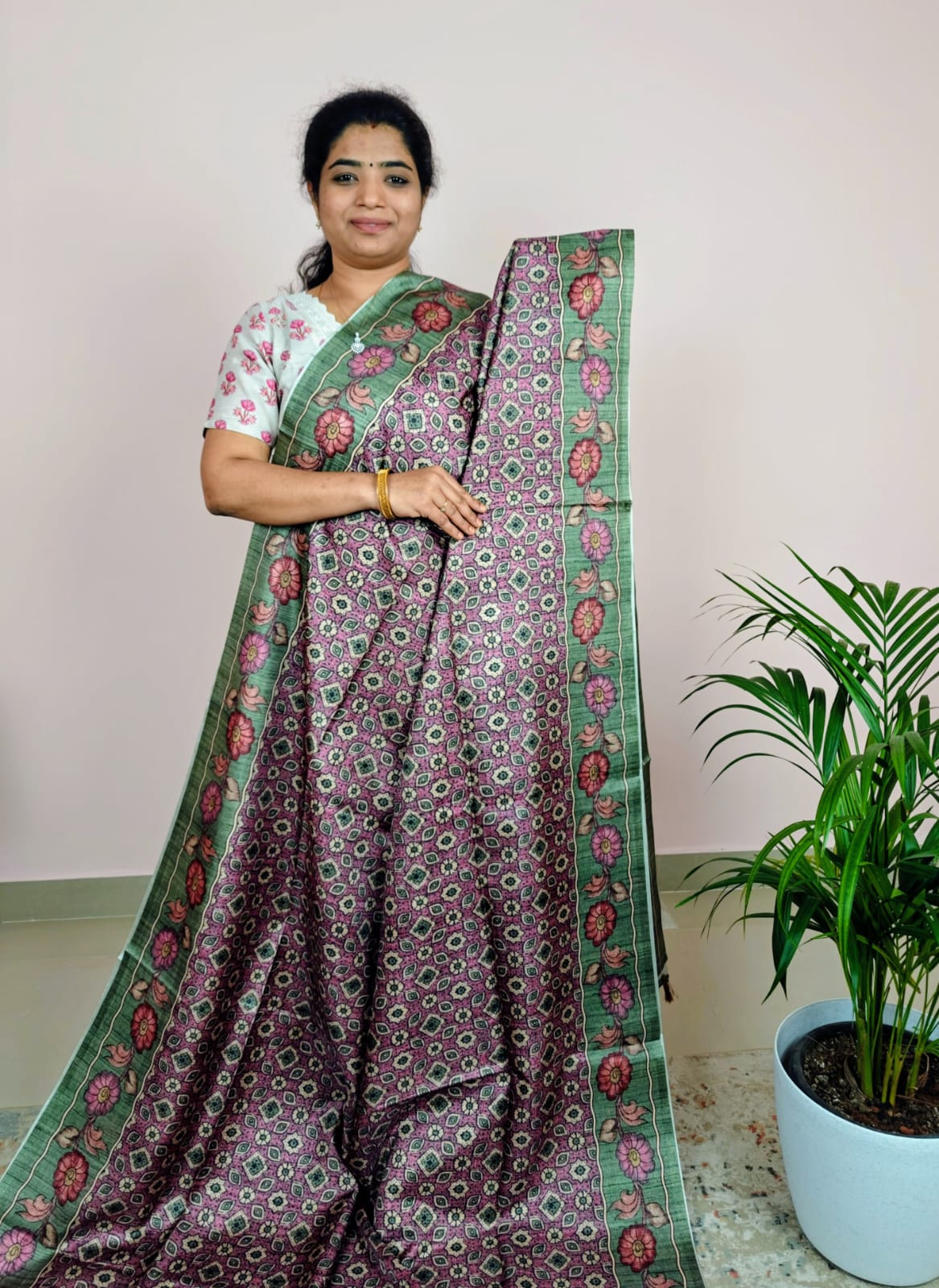Soft Semi Tussar with Kalamkari - Purple with Green