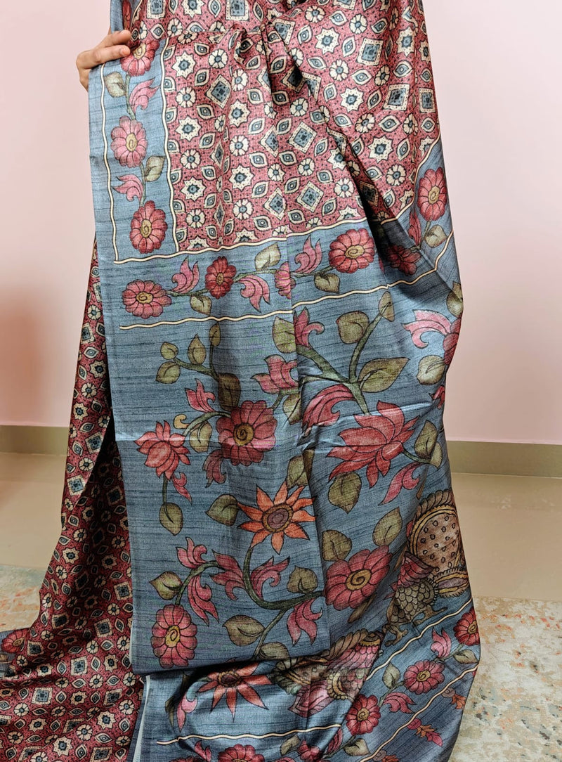 Soft Semi Tussar with Kalamkari - Brown with Blue