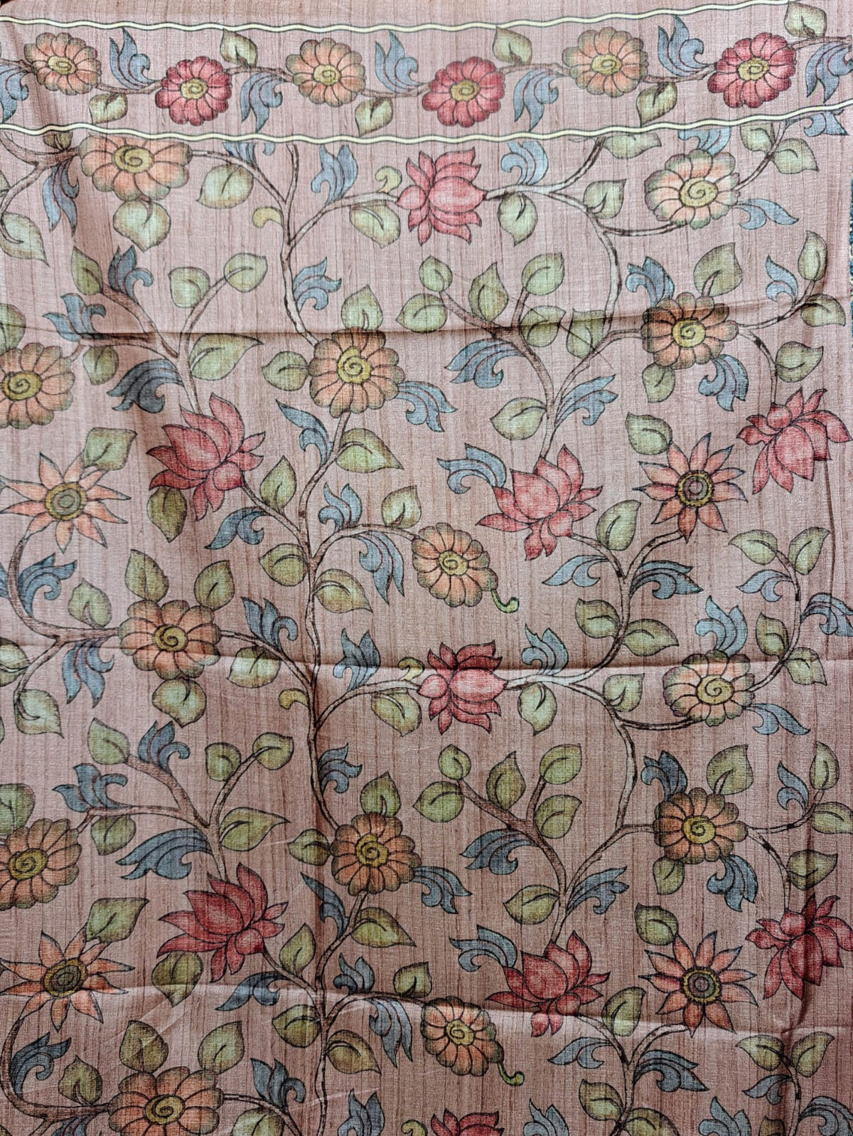 Soft Semi Tussar with Kalamkari - Peacock Blue with Onion Pink