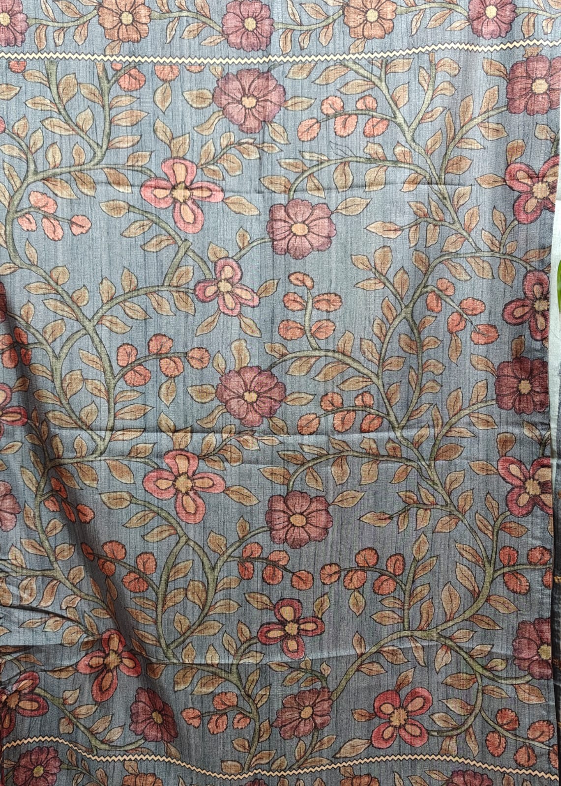 Soft Semi Tussar with Kalamkari - Brown with Blue