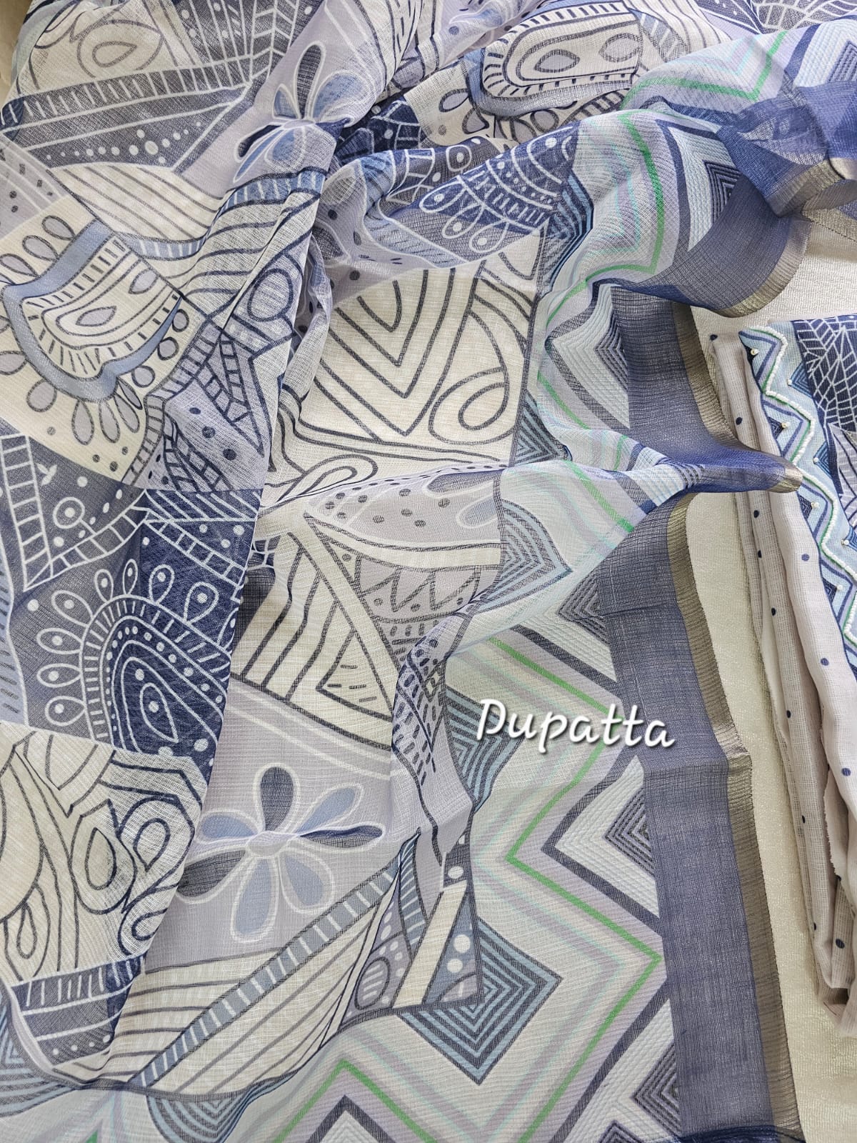 Soft Linen Unstitched Salwar - Off-white with Blue