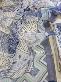 Soft Linen Unstitched Salwar - Off-white with Blue