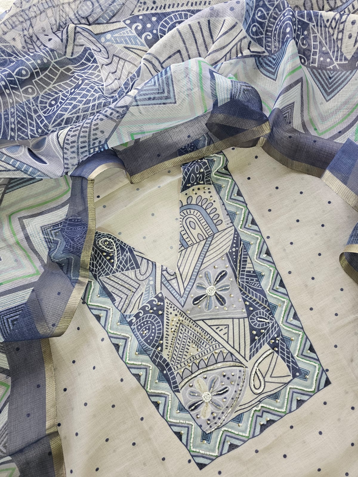 Soft Linen Unstitched Salwar - Off-white with Blue