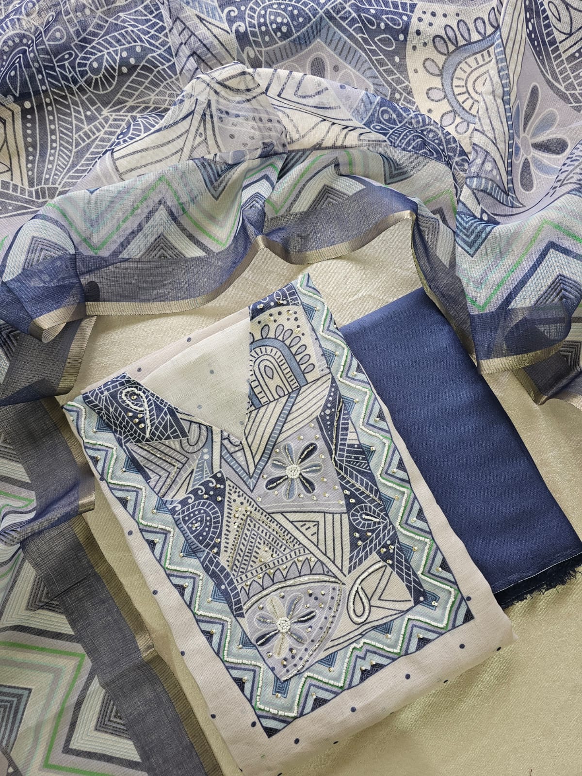 Soft Linen Unstitched Salwar - Off-white with Blue