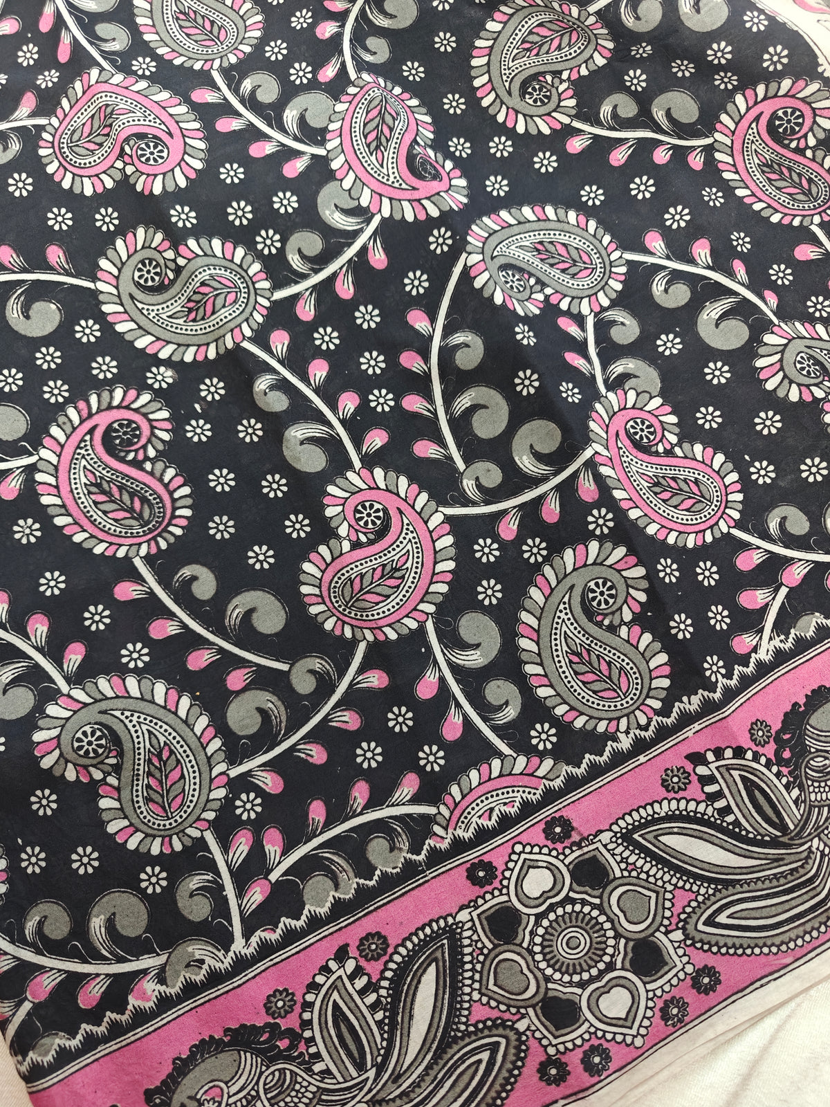 Cotton Kalamkari Saree - Black with Pink