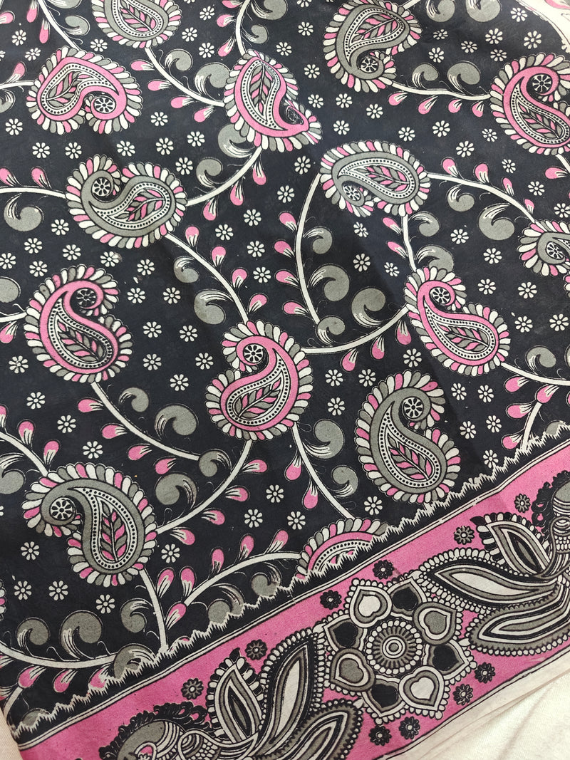 Cotton Kalamkari Saree - Black with Pink