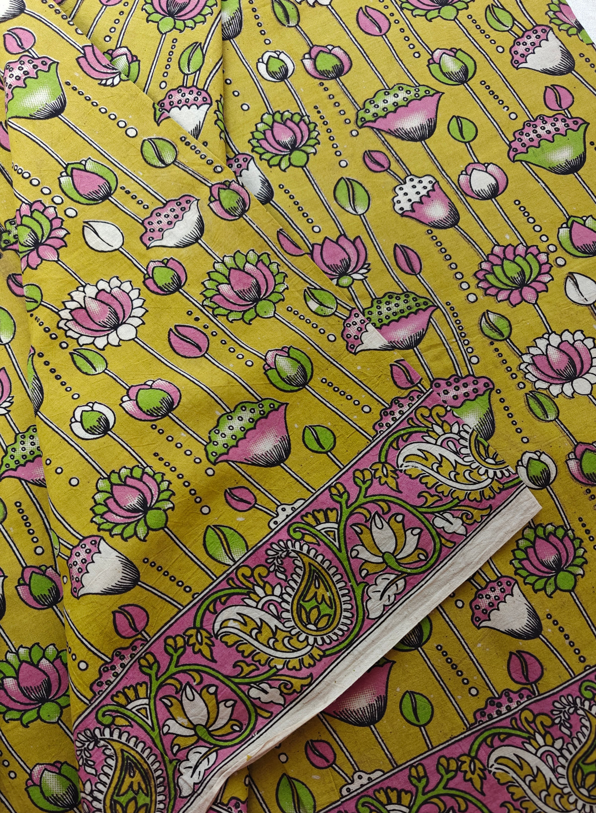 Cotton Kalamkari Saree - Lime Green with Pink