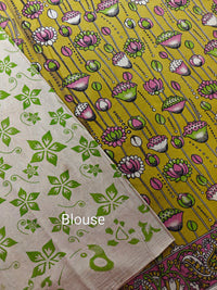 Cotton Kalamkari Saree - Lime Green with Pink
