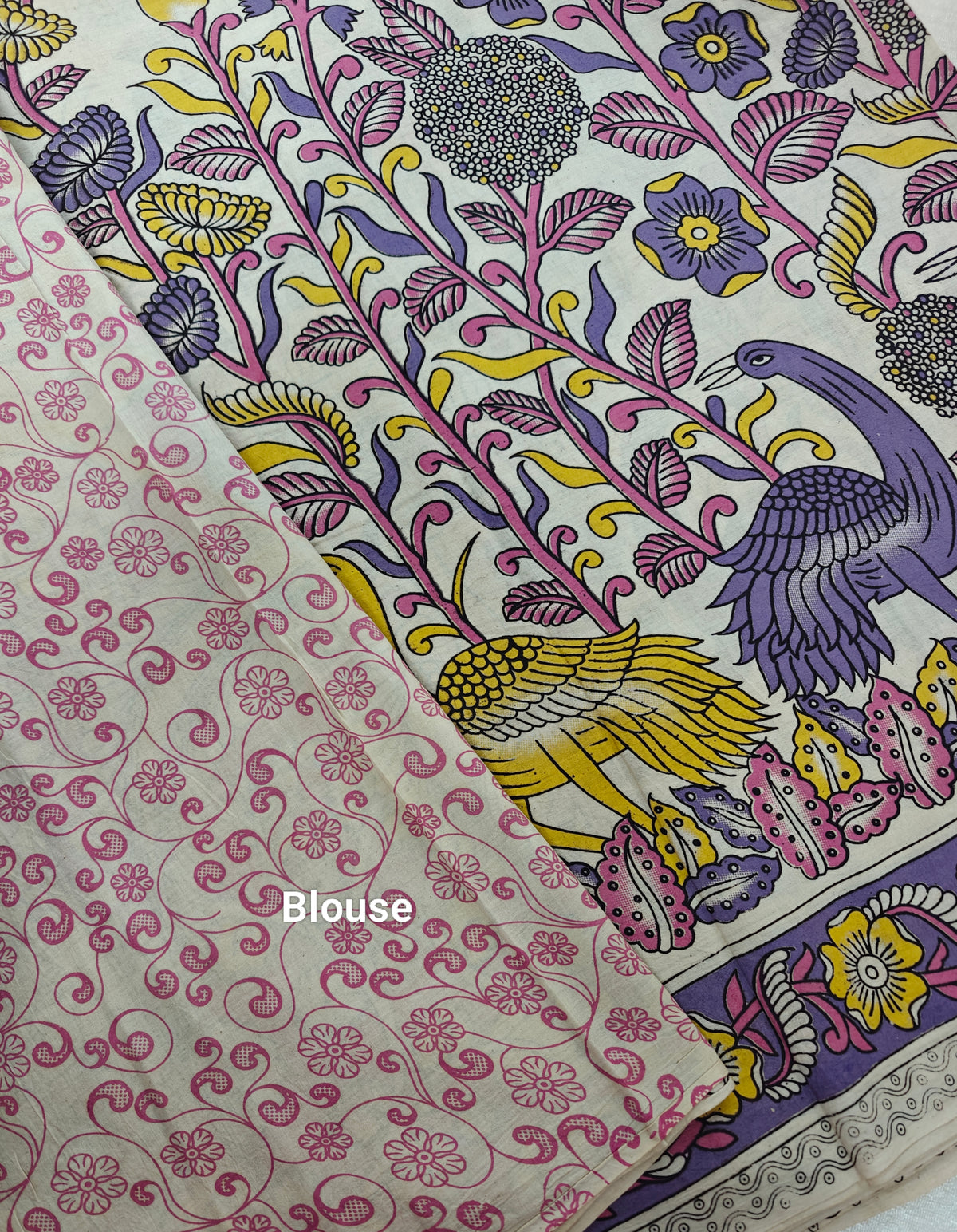 Cotton Kalamkari Saree - Cream with Purple