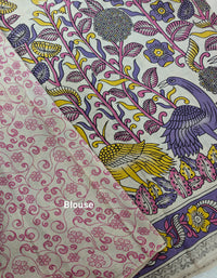 Cotton Kalamkari Saree - Cream with Purple