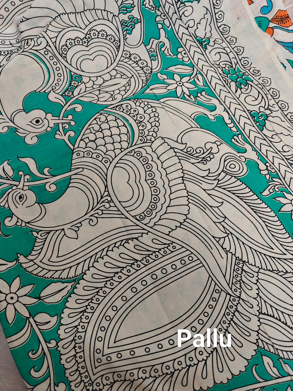 Cotton Kalamkari Saree - Cream with Sea Green