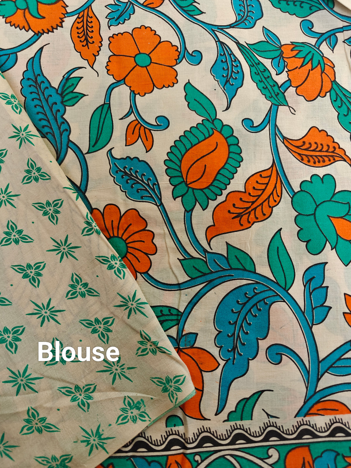 Cotton Kalamkari Saree - Cream with Sea Green