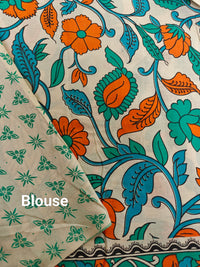 Cotton Kalamkari Saree - Cream with Sea Green