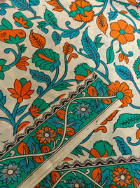 Cotton Kalamkari Saree - Cream with Sea Green
