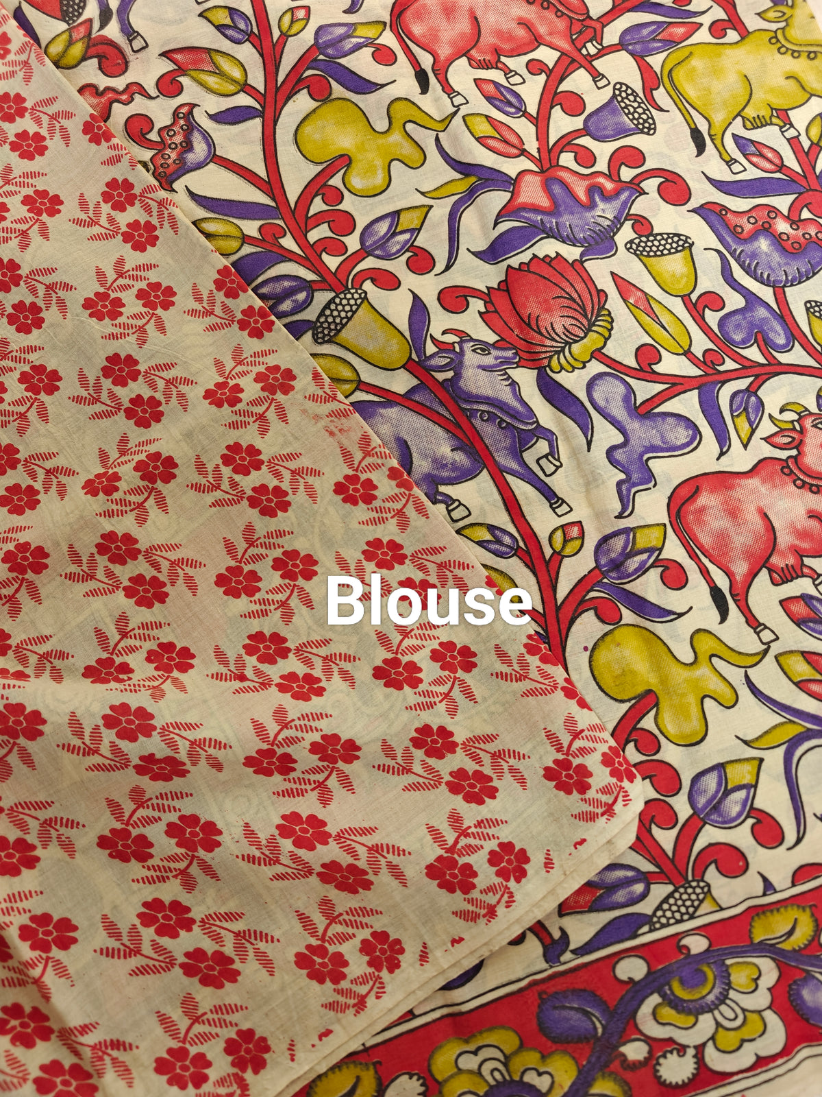 Cotton Kalamkari Saree - Red with Violet