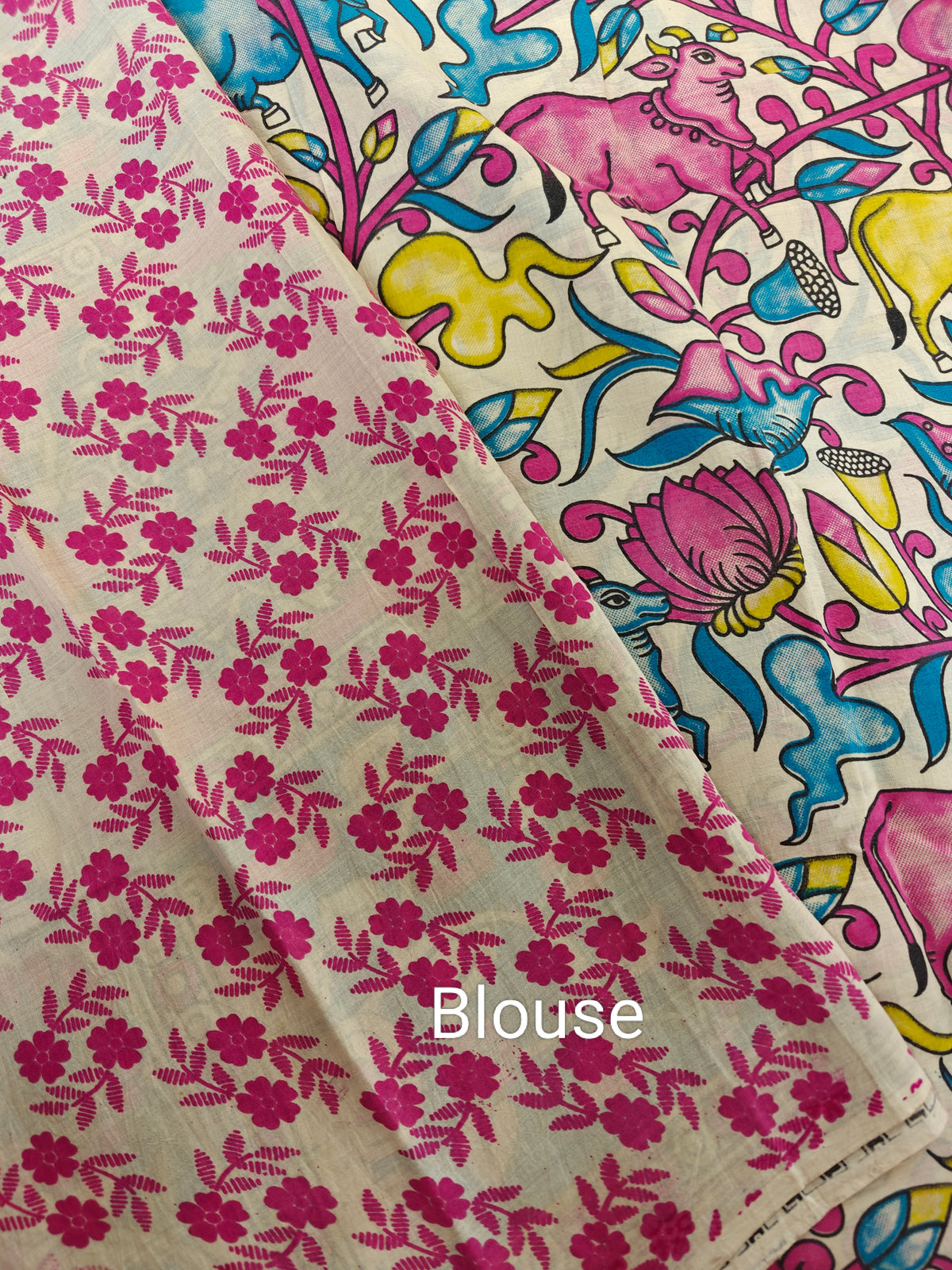 Cotton Kalamkari Saree - Pink with Blue