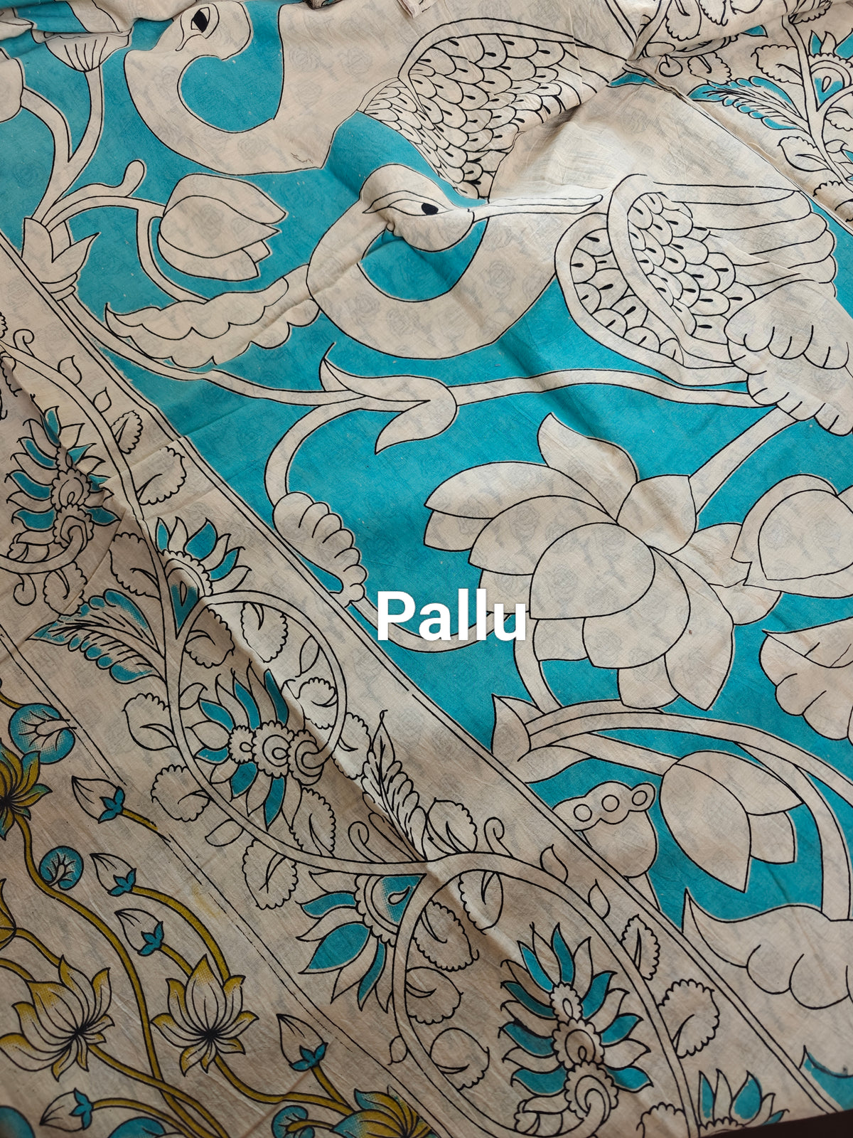 Cotton Kalamkari Saree - Cream with Blue