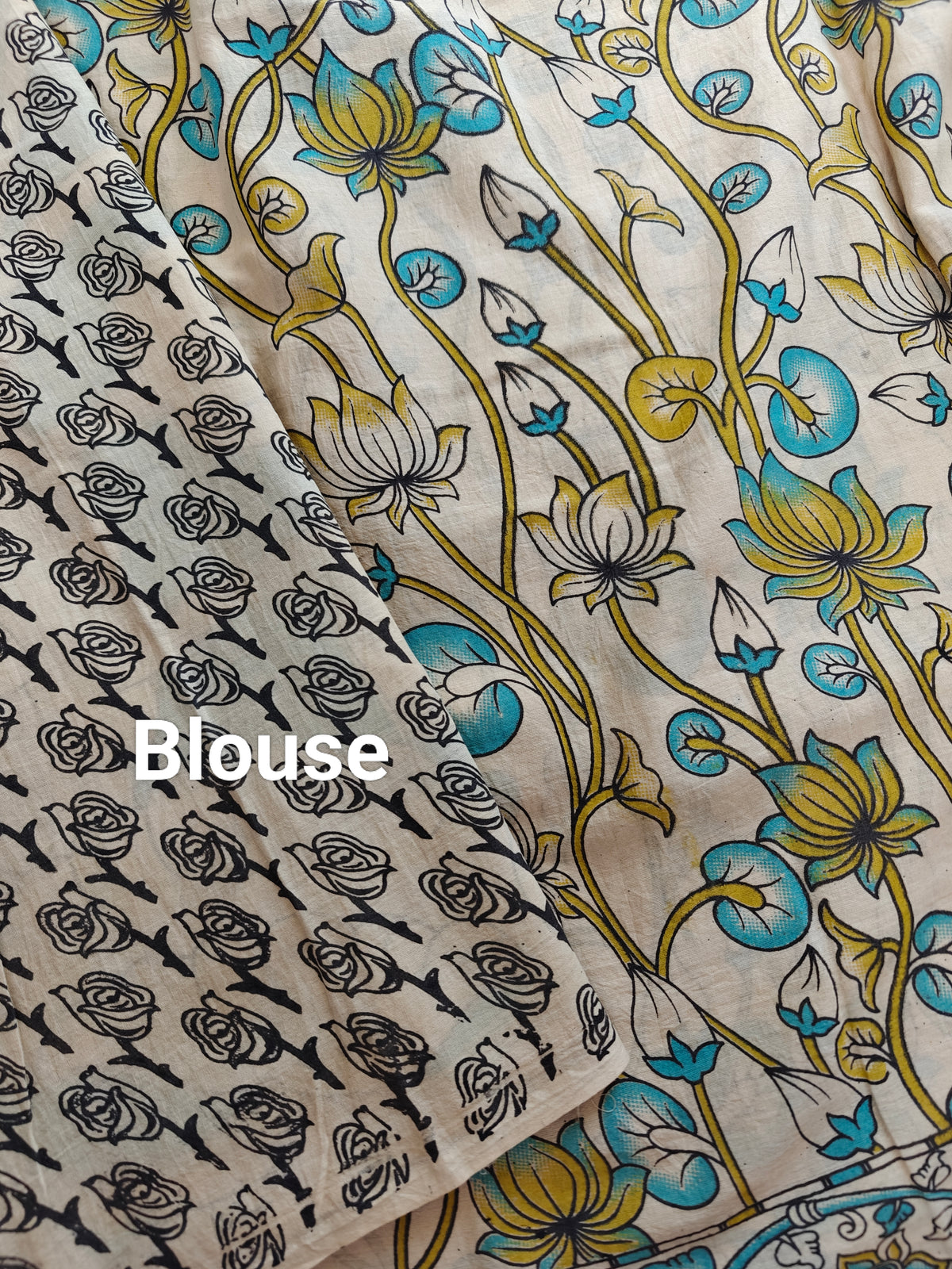 Cotton Kalamkari Saree - Cream with Blue