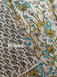 Cotton Kalamkari Saree - Cream with Blue