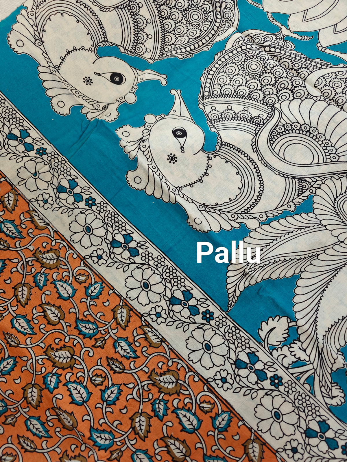 Cotton Kalamkari Saree - Orange with Blue