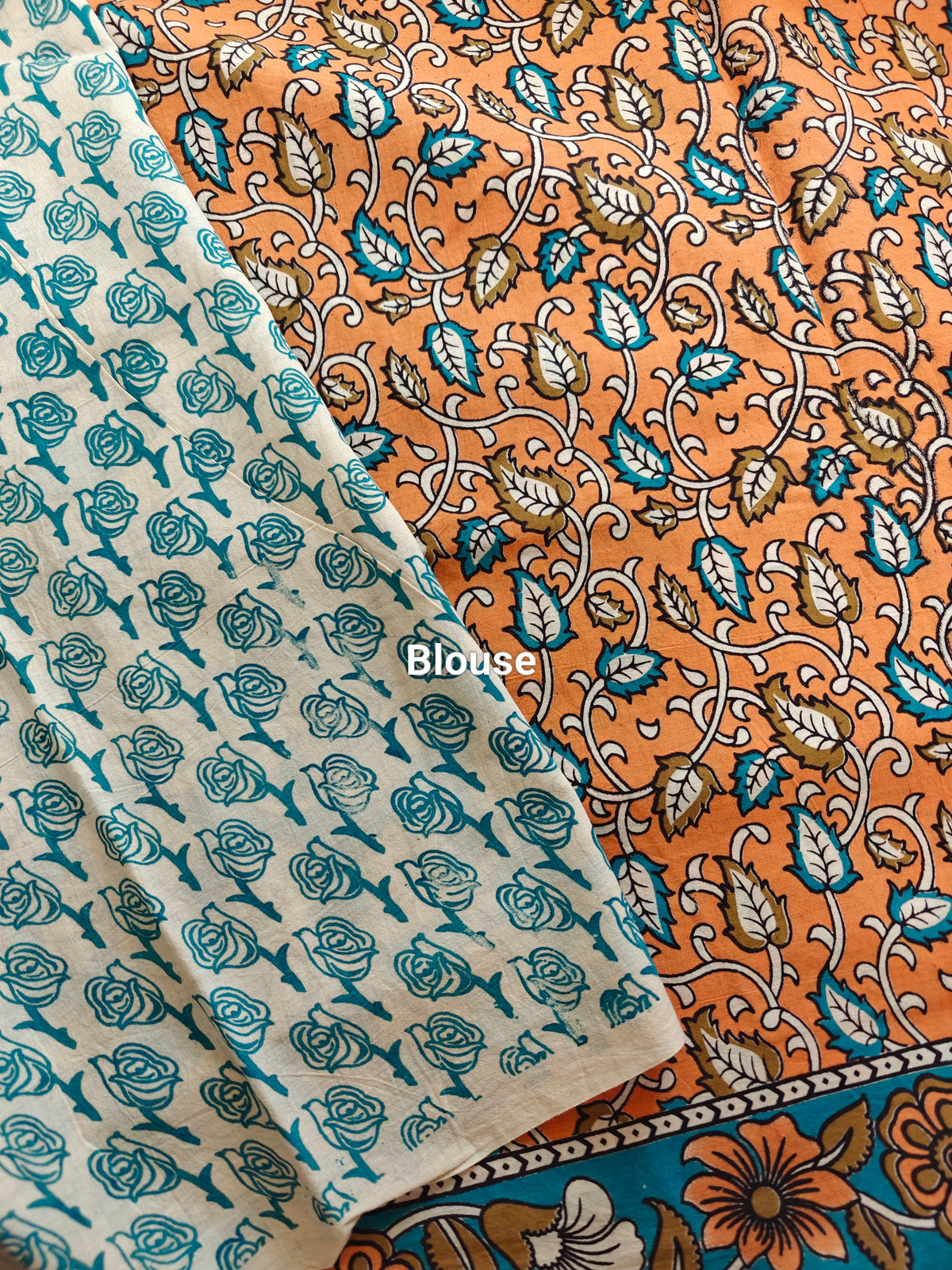Cotton Kalamkari Saree - Orange with Blue